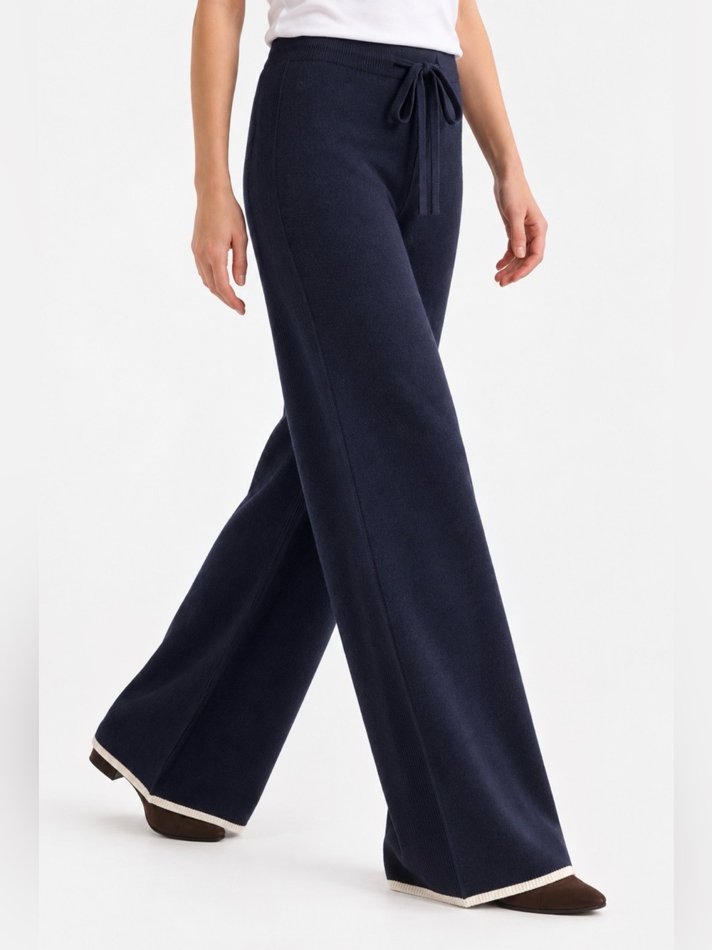 Monrow Cashmere Wool Knit Wide Leg Pants Elastic Waist Pull on Navy Blue Size S